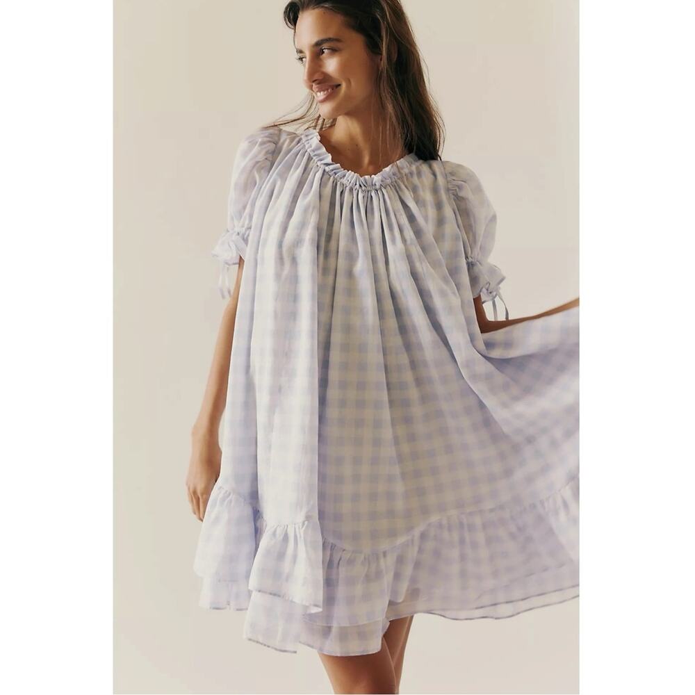 Free People Selkie The Island Chemise Gingham Ruffle Mini Shift Dress Small
